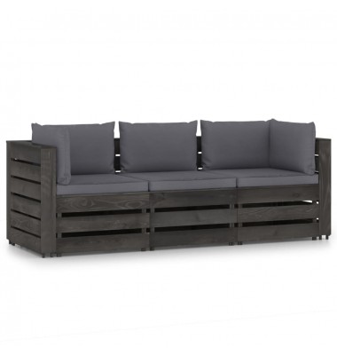 Trivietė sodo sofa su pagalvėlėmis, pilkai impregnuota mediena - Lauko baldų komplektai - 1