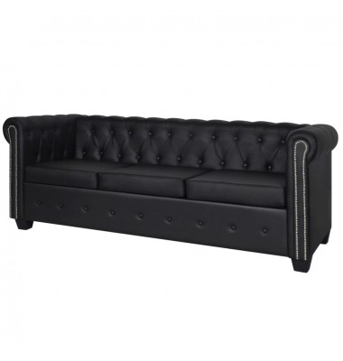  Chesterfield trivietė sofa, dirbtinė oda, juoda   - Sofos, sofos-lovos - 1