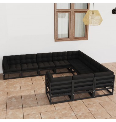  Sodo komplektas su pagalvėmis, 10 dalių, juodas, pušies masyvas - Lauko baldų komplektai - 1