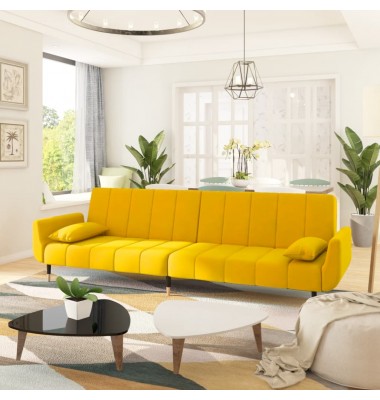  Dvivietė sofa-lova su dvejomis pagalvėmis, geltona, aksomas - Sofos, sofos-lovos - 1