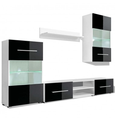 Sieninė televizoriaus spintelė su LED apšvietimu, 5d., juoda - Svetainės komplektai, Sekcijos - 2