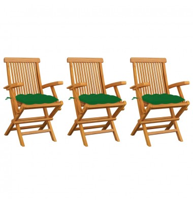  Sodo kėdės su žaliomis pagalvėmis, 3vnt., tikmedžio masyvas - Lauko kėdės - 1