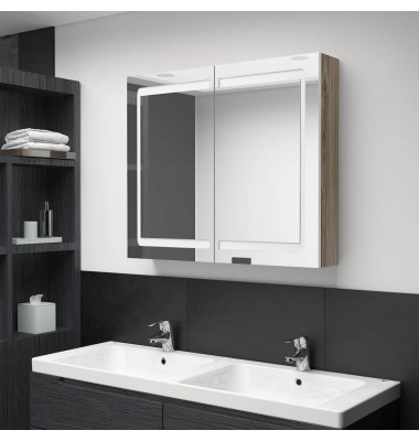  Veidrodinė vonios spintelė su LED, balta ir ąžuolo, 80x12x68cm - Vonios spintelės, veidrodžiai - 1