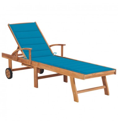  Saulės gultas su mėlynu čiužiniu, tikmedžio medienos masyvas - Gultai, šezlongai - 1