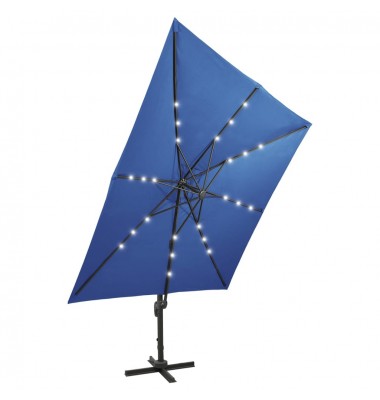  Gembinis skėtis su stulpu ir LED lemputėmis, mėlynas, 300cm - Lauko skėčiai, uždangos nuo saulės - 4