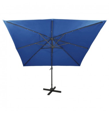  Gembinis skėtis su stulpu ir LED lemputėmis, mėlynas, 300cm - Lauko skėčiai, uždangos nuo saulės - 5