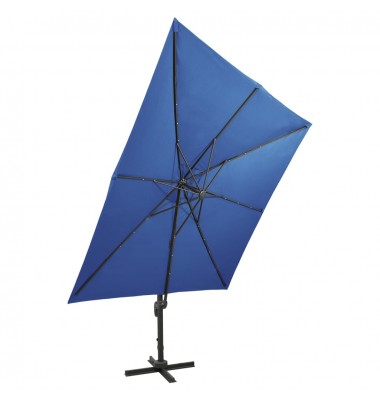  Gembinis skėtis su stulpu ir LED lemputėmis, mėlynas, 300cm - Lauko skėčiai, uždangos nuo saulės - 6