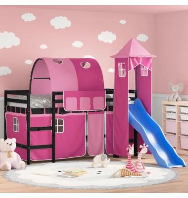 Aukšta vaikiška lova su bokštu, rožinė, 80x200cm, pušis - Lovos - 1