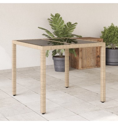  Stalas su stikliniu stalviršiu, smėlio, 90x90x75cm, poliratanas - Lauko stalai, staliukai - 1