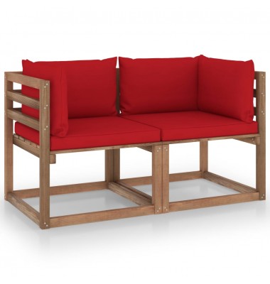  Dvivietė sodo sofa iš palečių su raudonomis pagalvėlėmis, eglė - Lauko baldų komplektai - 1