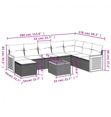  Sofos komplektas su pagalvėlėmis, 9 dalių, pilkas, poliratanas - Lauko baldų komplektai - 9